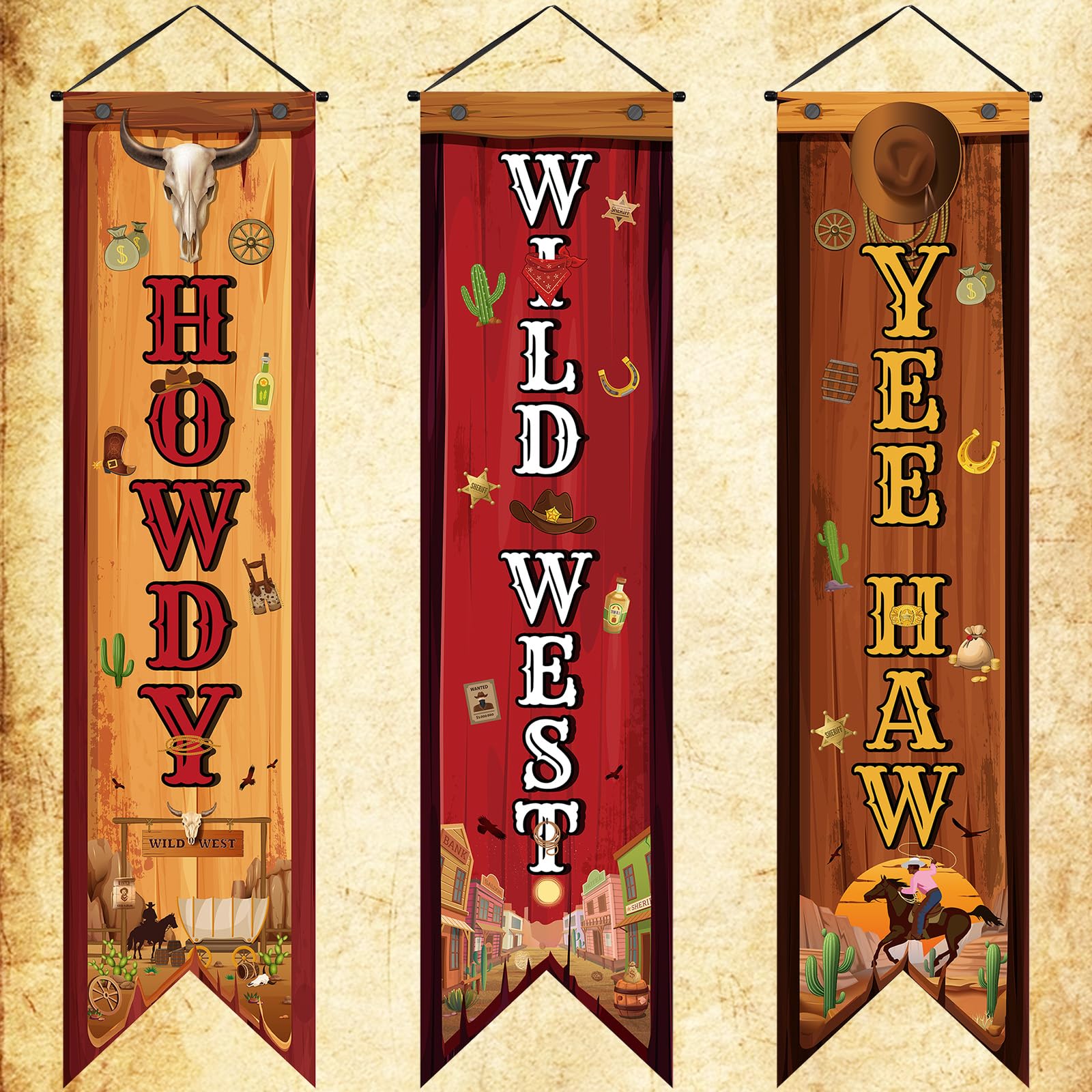 Chiisong Western Cowboy Party Banner Set – 3 Vintage Porch Signs for Wild West Themed Decorations