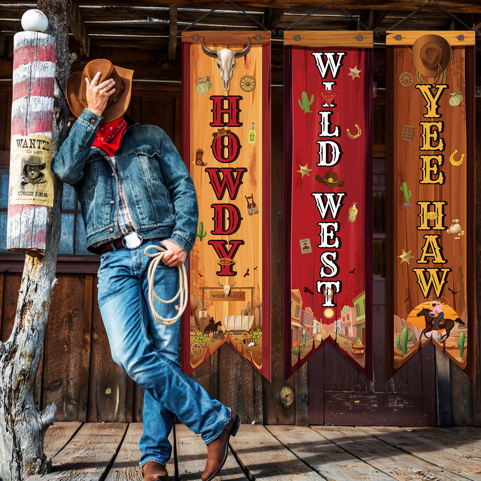 Chiisong Western Cowboy Party Banner Set – 3 Vintage Porch Signs for Wild West Themed Decorations
