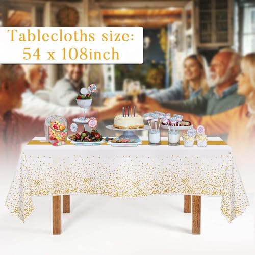 Childom 3 Pack White & Gold Plastic Tablecloth 54x108 for Class of 2026 Graduation Party Decorations