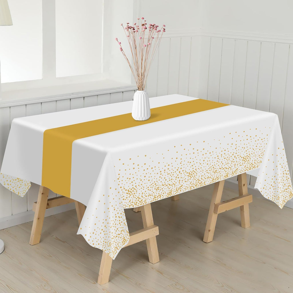 Childom 3 Pack White & Gold Plastic Tablecloth 54x108 for Class of 2026 Graduation Party Decorations