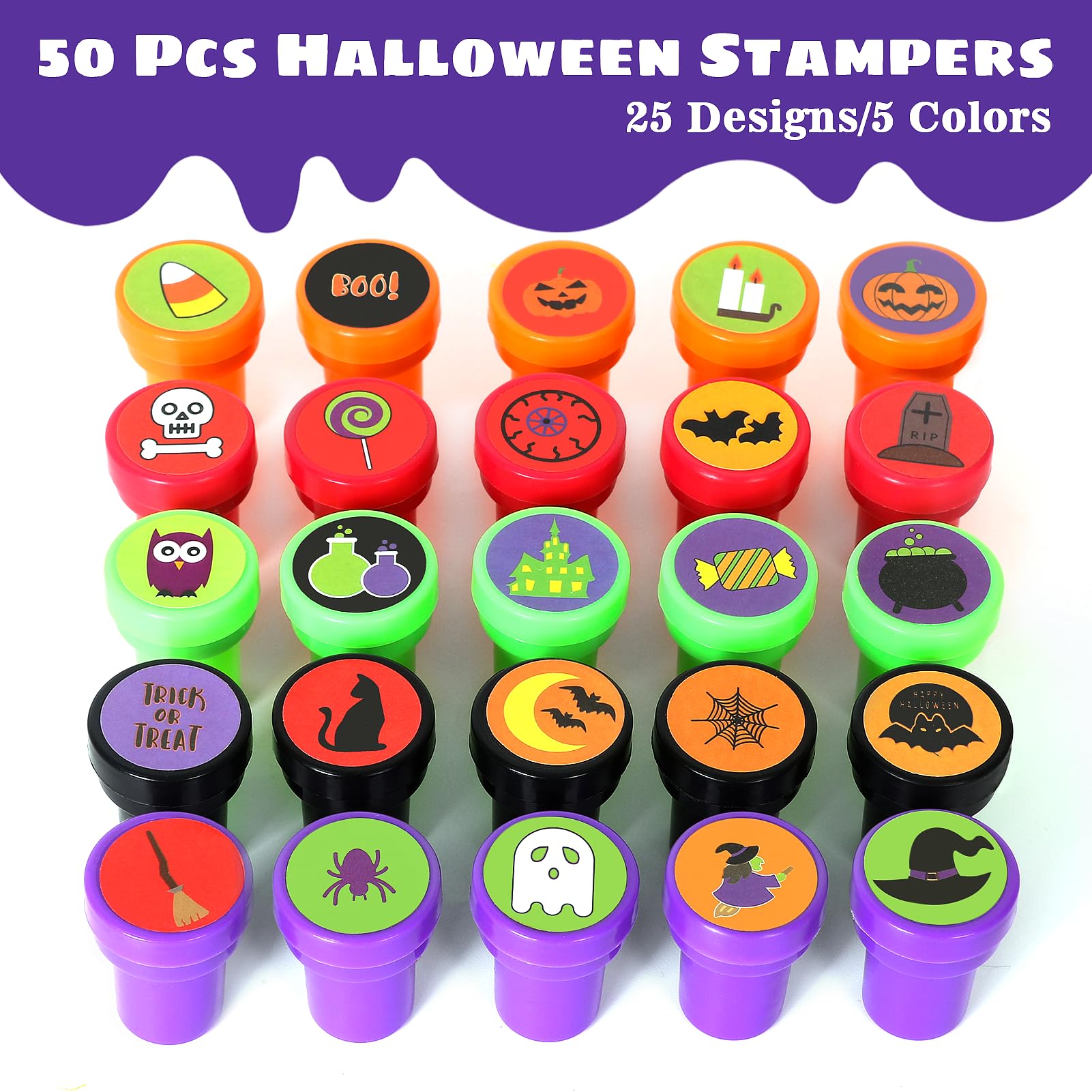 Childom 50 Pcs Halloween Stamps for Kids – Pre-Inked Mini Stampers, 25 Designs, Goodie Bag Fillers