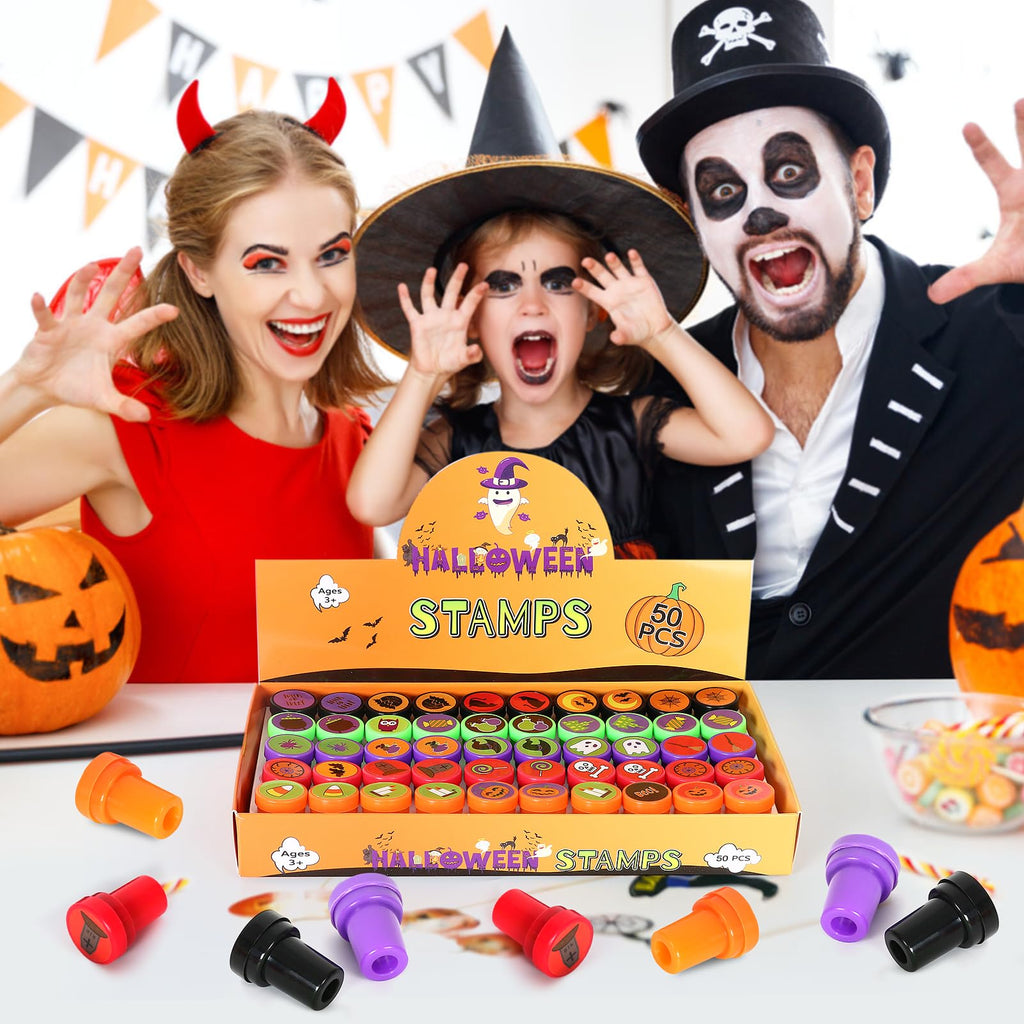 Childom 50 Pcs Halloween Stamps for Kids – Pre-Inked Mini Stampers, 25 Designs, Goodie Bag Fillers