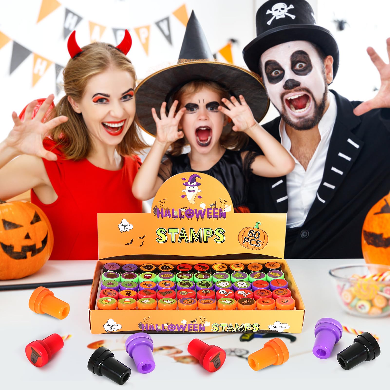 Childom 50 Pcs Halloween Stamps for Kids – Pre-Inked Mini Stampers, 25 Designs, Goodie Bag Fillers