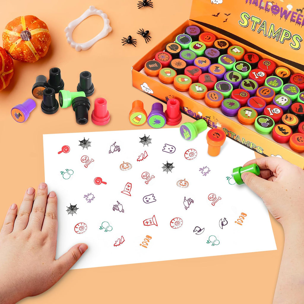 Childom 50 Pcs Halloween Stamps for Kids – Pre-Inked Mini Stampers, 25 Designs, Goodie Bag Fillers