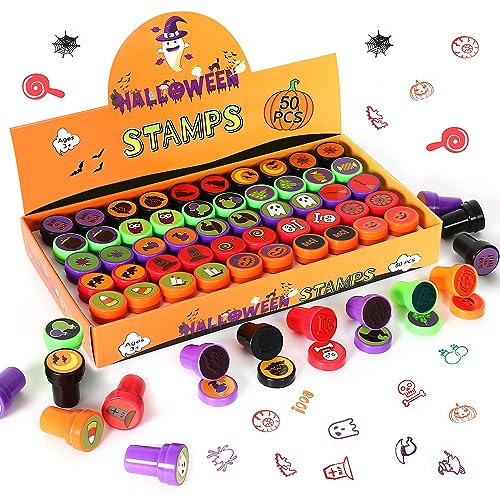 Childom 50 Pcs Halloween Stamps for Kids – Pre-Inked Mini Stampers, 25 Designs, Goodie Bag Fillers