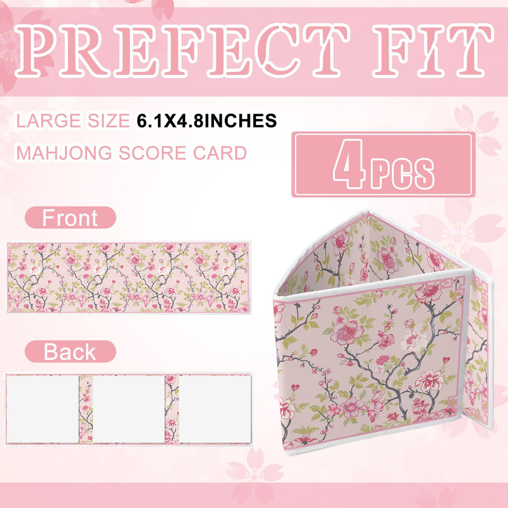 Chinoiserie Mahjong Card Holder Set of 4 - Pink & Green Fabric Scorecard Protectors for American Mahjong Cards