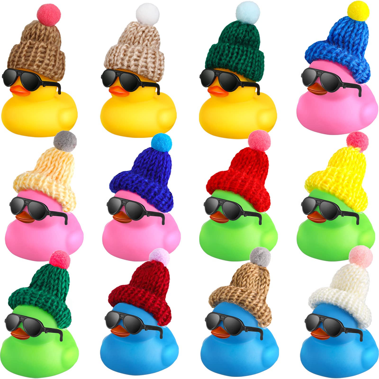 Chivao 12 Mini Rubber Ducks with Sunglasses and Hats – 3x2 Inch Bath Toys for Kids, Party Favors, and Hide-and-Seek