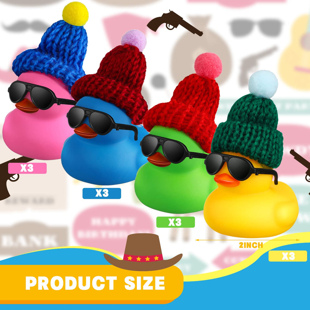 Chivao 12 Mini Rubber Ducks with Sunglasses and Hats – 3x2 Inch Bath Toys for Kids, Party Favors, and Hide-and-Seek