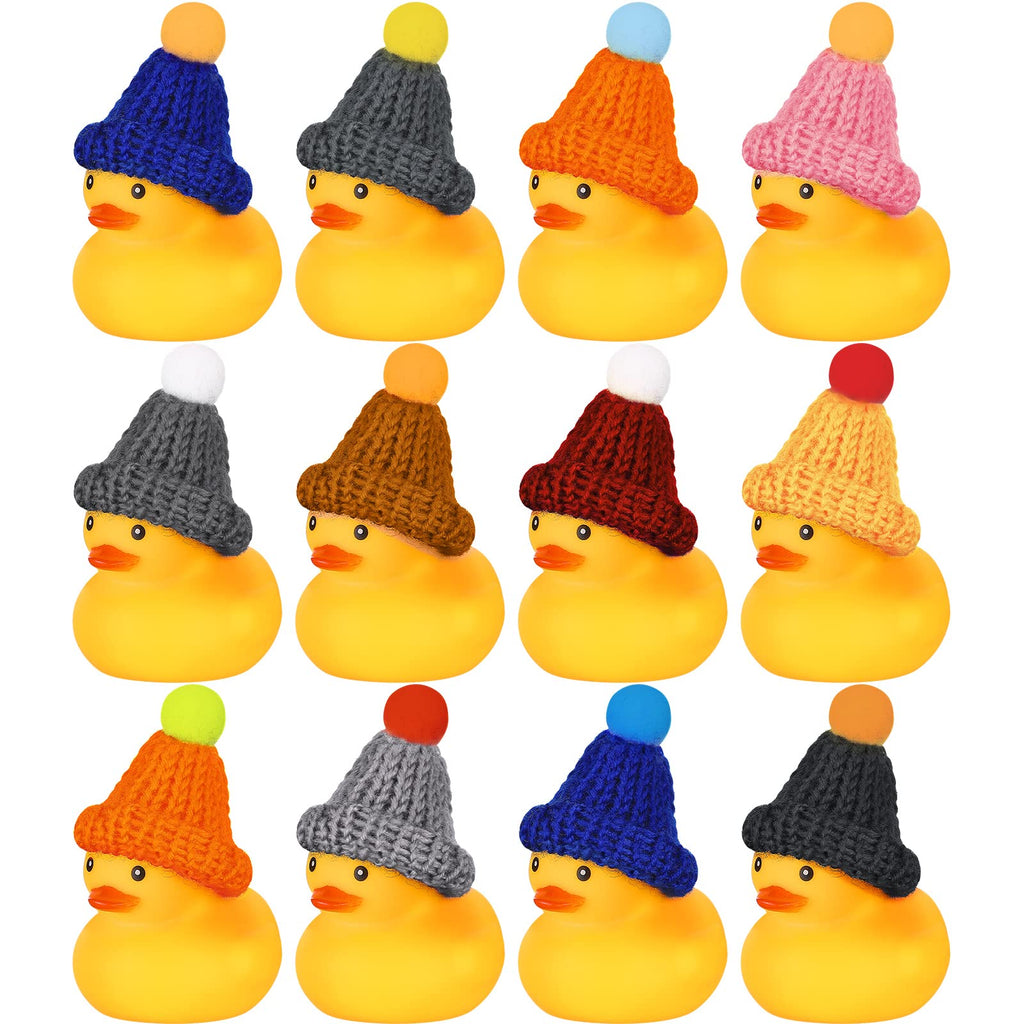 Chivao 12-Pack Mini Rubber Ducks with 12 Hats – Floating Squeaky Bath Toys for Toddlers, Carnival Prizes, and Party Favors (Yellow, 3x2 Inches)