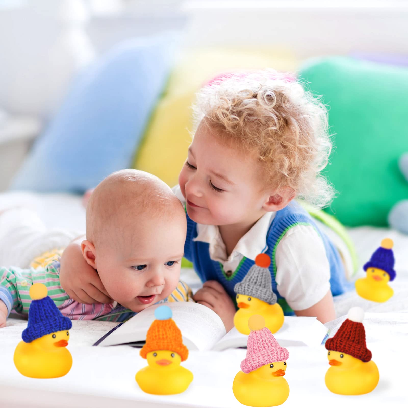 Chivao 12-Pack Mini Rubber Ducks with 12 Hats – Floating Squeaky Bath Toys for Toddlers, Carnival Prizes, and Party Favors (Yellow, 3x2 Inches)