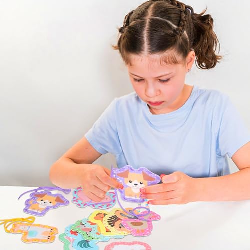 Chivao 12-Piece Lacing Cards for Toddlers: Needle-Free Sewing Kit for Ages 3-5, Travel-Friendly Craft Set