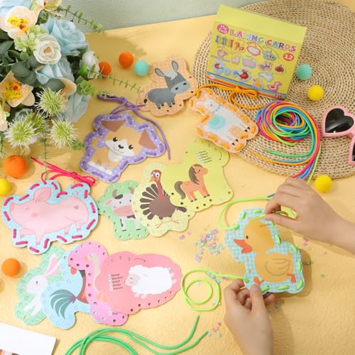 Chivao 12-Piece Lacing Cards for Toddlers: Needle-Free Sewing Kit for Ages 3-5, Travel-Friendly Craft Set