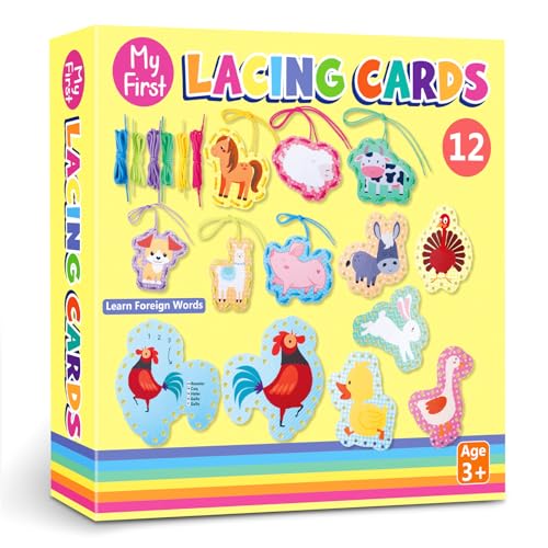 Chivao 12-Piece Lacing Cards for Toddlers: Needle-Free Sewing Kit for Ages 3-5, Travel-Friendly Craft Set