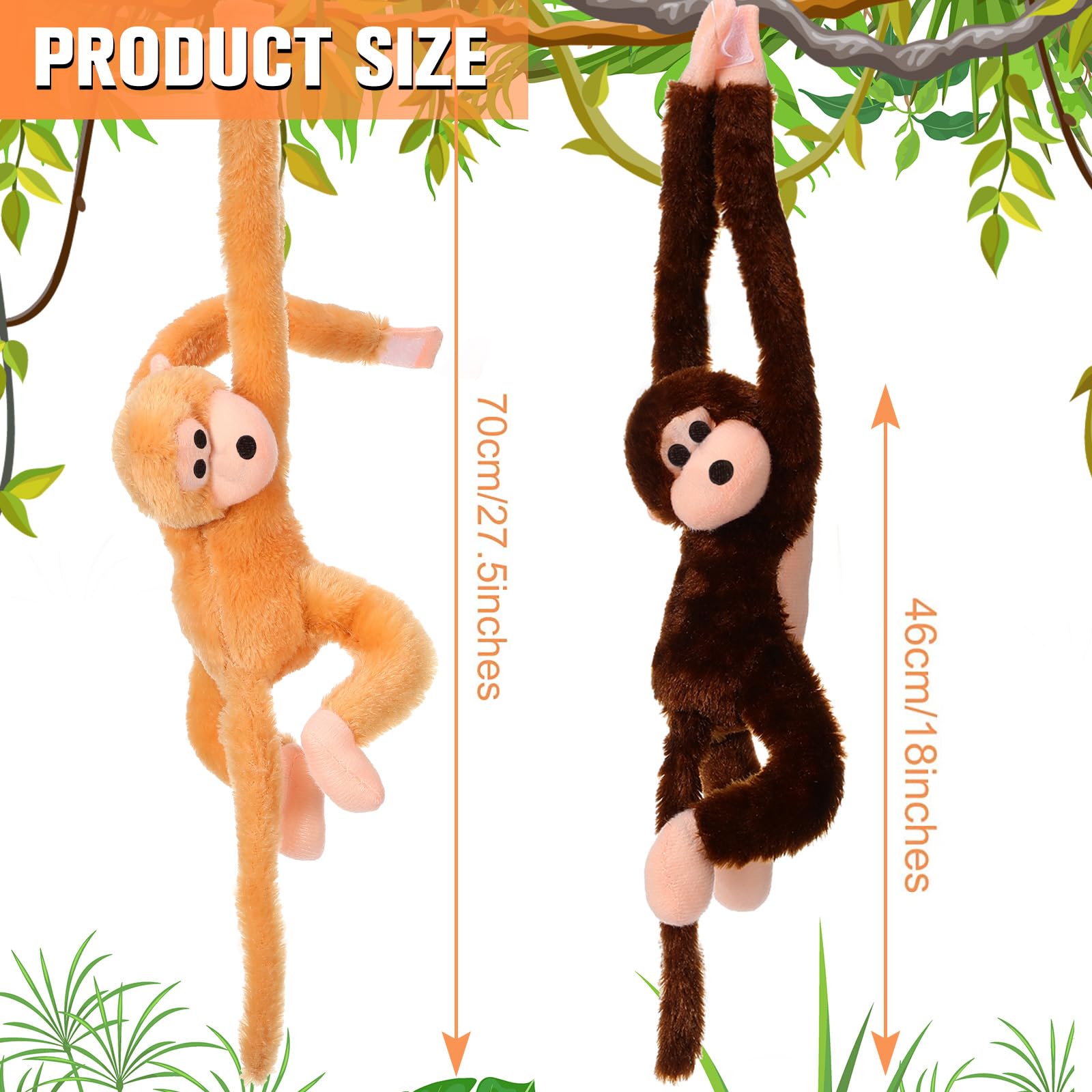 Chivao 2 Pack Hanging Monkey Stuffed Animals - 28 Inch Brown & Khaki Plush Toys with Hook and Loop Fasteners