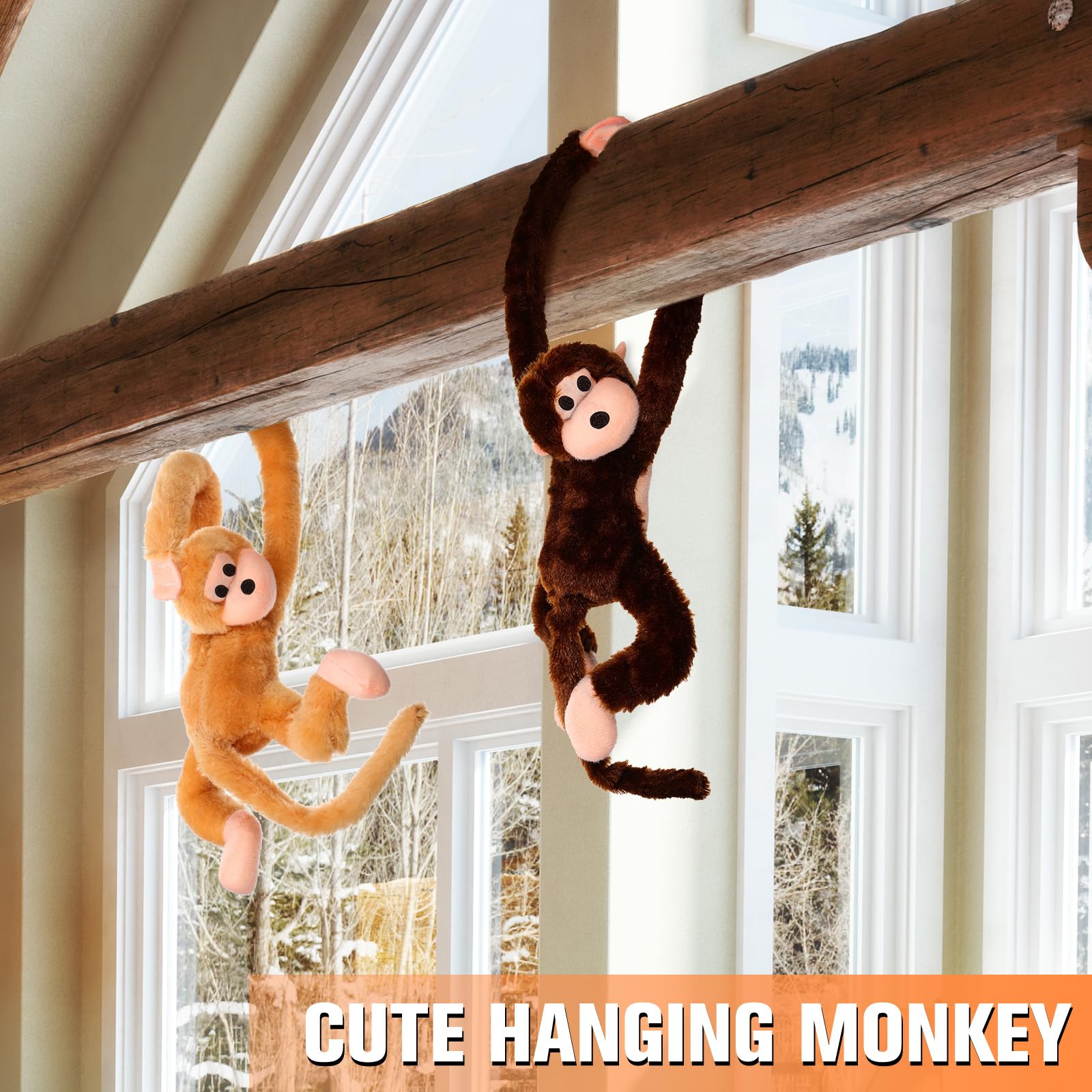 Chivao 2 Pack Hanging Monkey Stuffed Animals - 28 Inch Brown & Khaki Plush Toys with Hook and Loop Fasteners