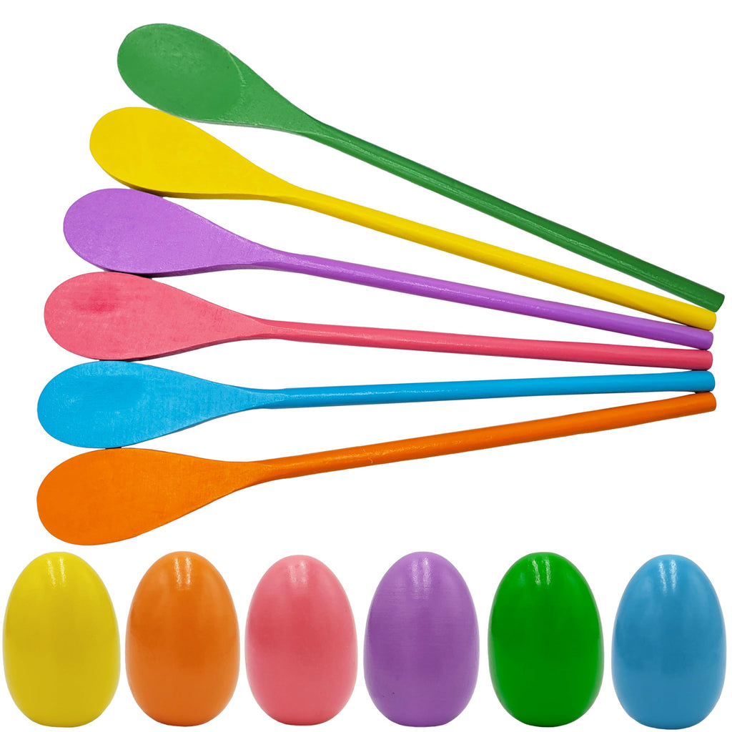 Chochkees 12-Piece Wooden Easter Egg and Spoon Race Game Set – 6 Eggs & 6 Spoons in 12 Colors for Outdoor Family Fun