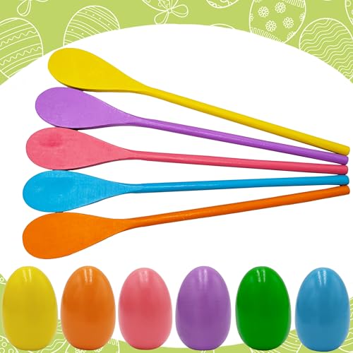 Chochkees 12-Piece Wooden Easter Egg and Spoon Race Game Set – 6 Eggs & 6 Spoons in 12 Colors for Outdoor Family Fun