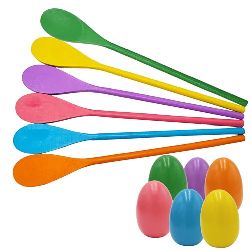 Chochkees 12-Piece Wooden Easter Egg and Spoon Race Game Set – 6 Eggs & 6 Spoons in 12 Colors for Outdoor Family Fun