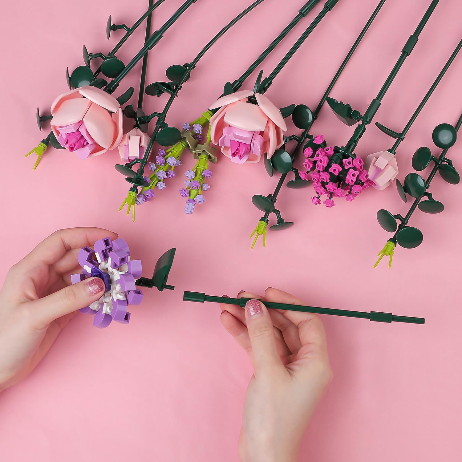 Chodia Artificial Flower Bouquet Building Blocks Set – 413 Pieces, Adjustable Stems, Pink Botanical Collection Gift for Adults