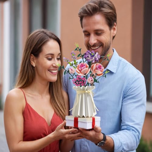 Chodia Artificial Flower Bouquet Building Blocks Set – 413 Pieces, Adjustable Stems, Pink Botanical Collection Gift for Adults
