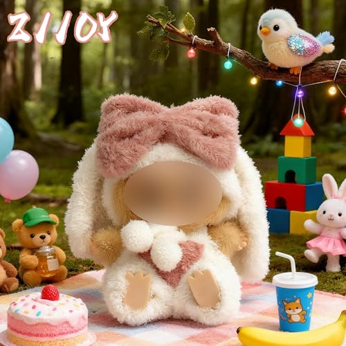 Christmas Bunny Outfit Set for 15cm or 17cm Labubu Dolls – Includes Bow & Pom-Pom, Natural Fabrics