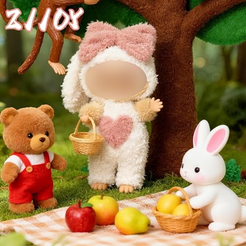 Christmas Bunny Outfit Set for 15cm or 17cm Labubu Dolls – Includes Bow & Pom-Pom, Natural Fabrics