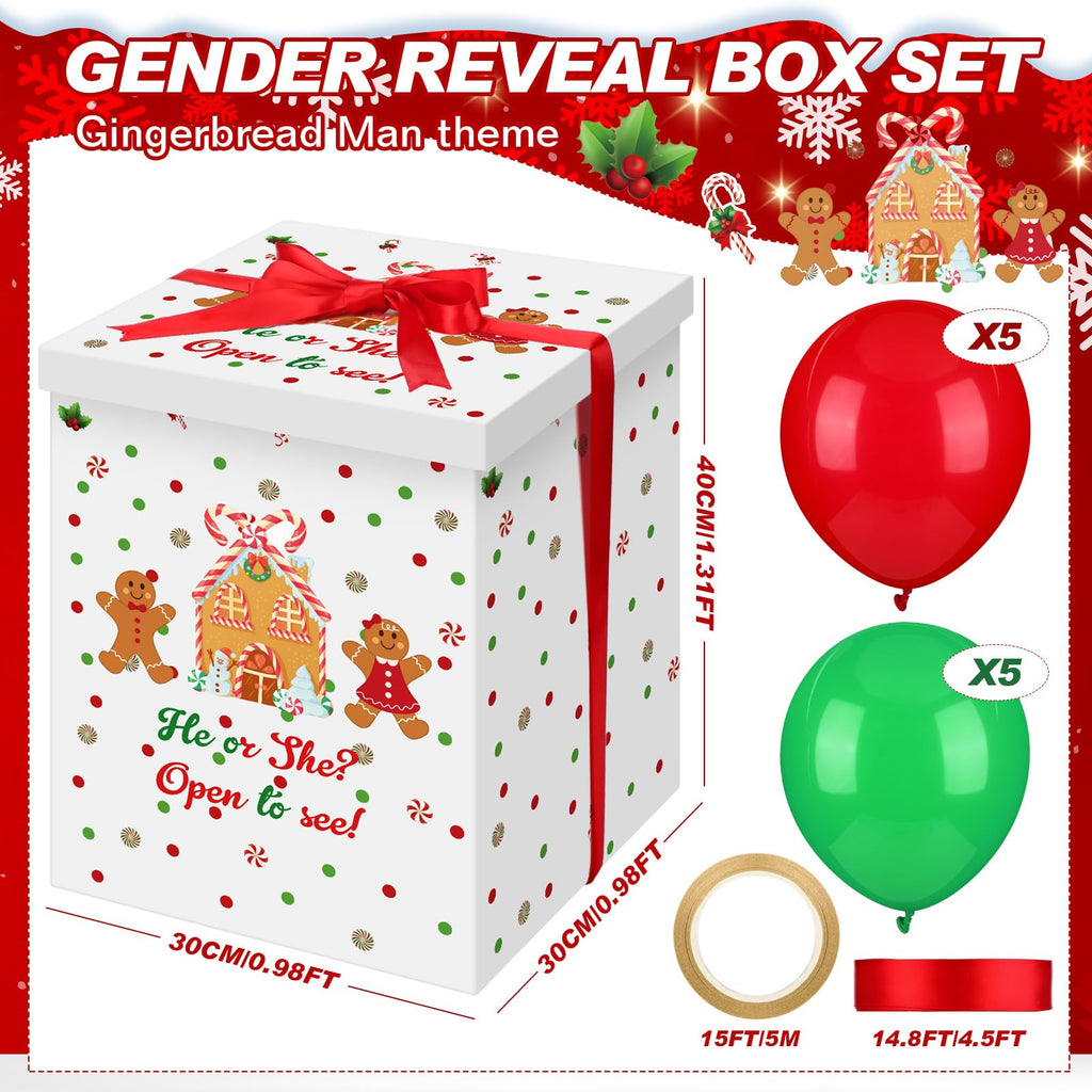 Christmas Gender Reveal Balloon Box - Gingerbread Design with 10 Red & Green Balloons and Ribbon by Hungdao