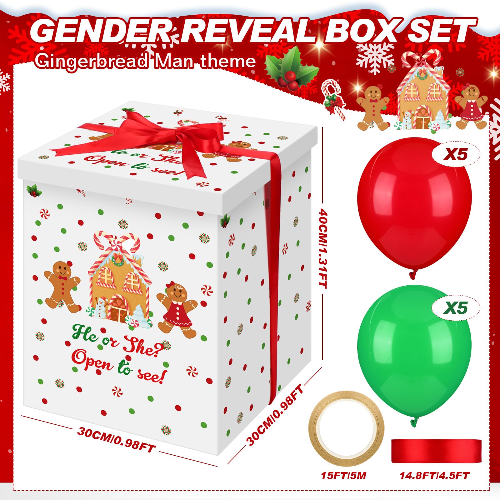 Christmas Gender Reveal Balloon Box - Gingerbread Design with 10 Red & Green Balloons and Ribbon by Hungdao