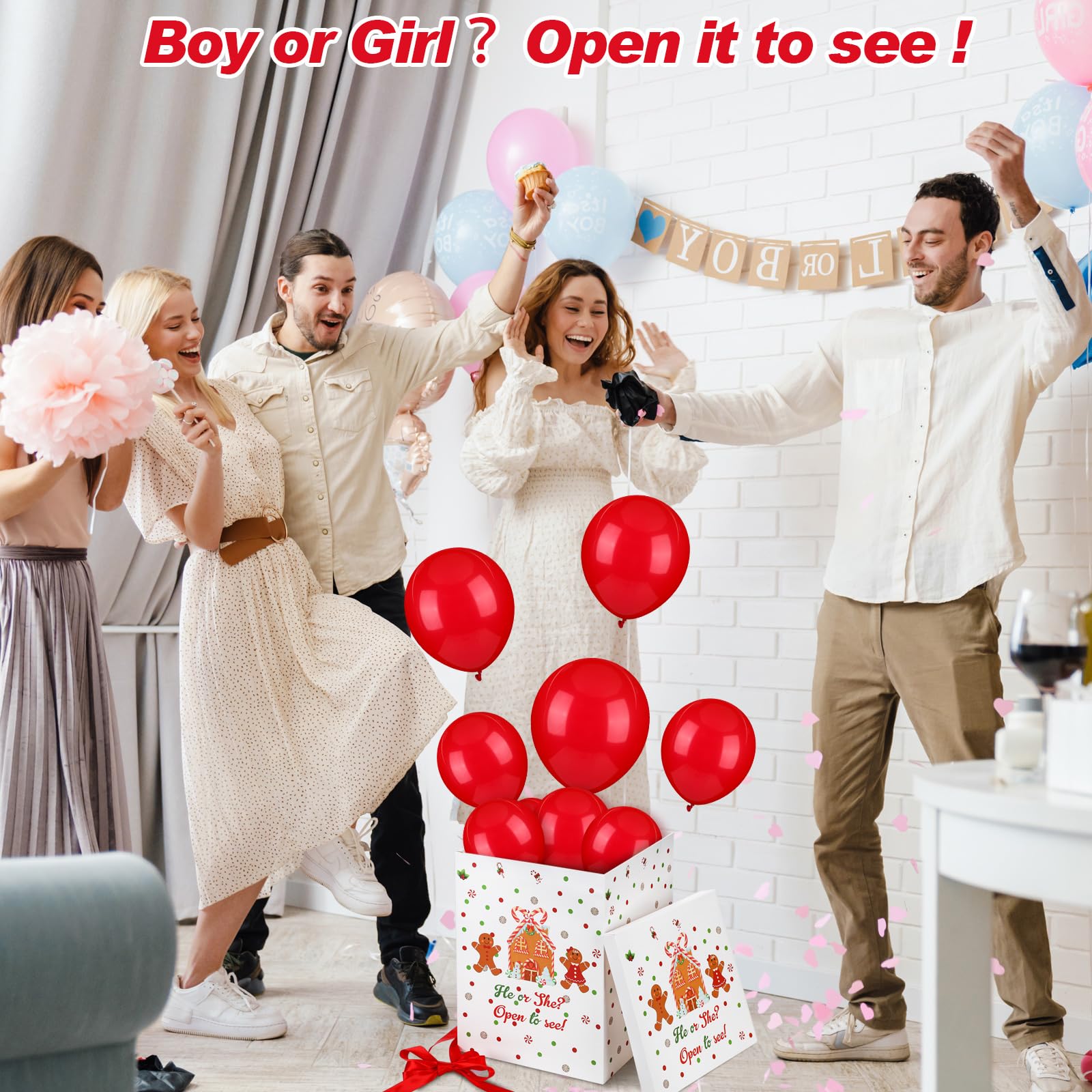 Christmas Gender Reveal Balloon Box - Gingerbread Design with 10 Red & Green Balloons and Ribbon by Hungdao