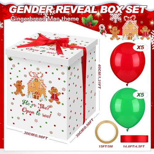 Christmas Gender Reveal Balloon Box - Gingerbread Design with 10 Red & Green Balloons and Ribbon by Hungdao