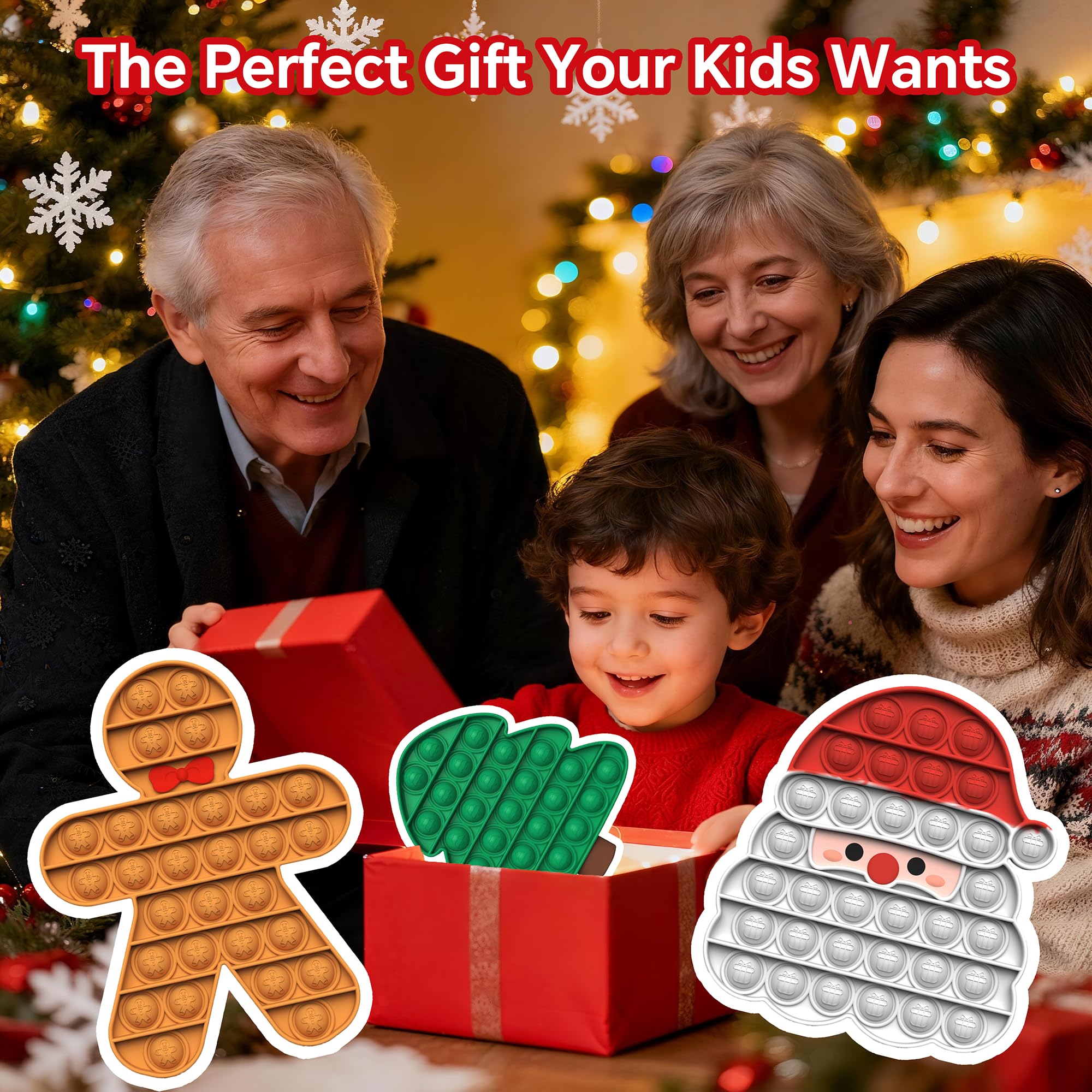 Christmas Pop Fidget Toy Set – Santa, Tree & Gingerbread Man – BPA-Free Silicone Stress Relief for Kids & Adults