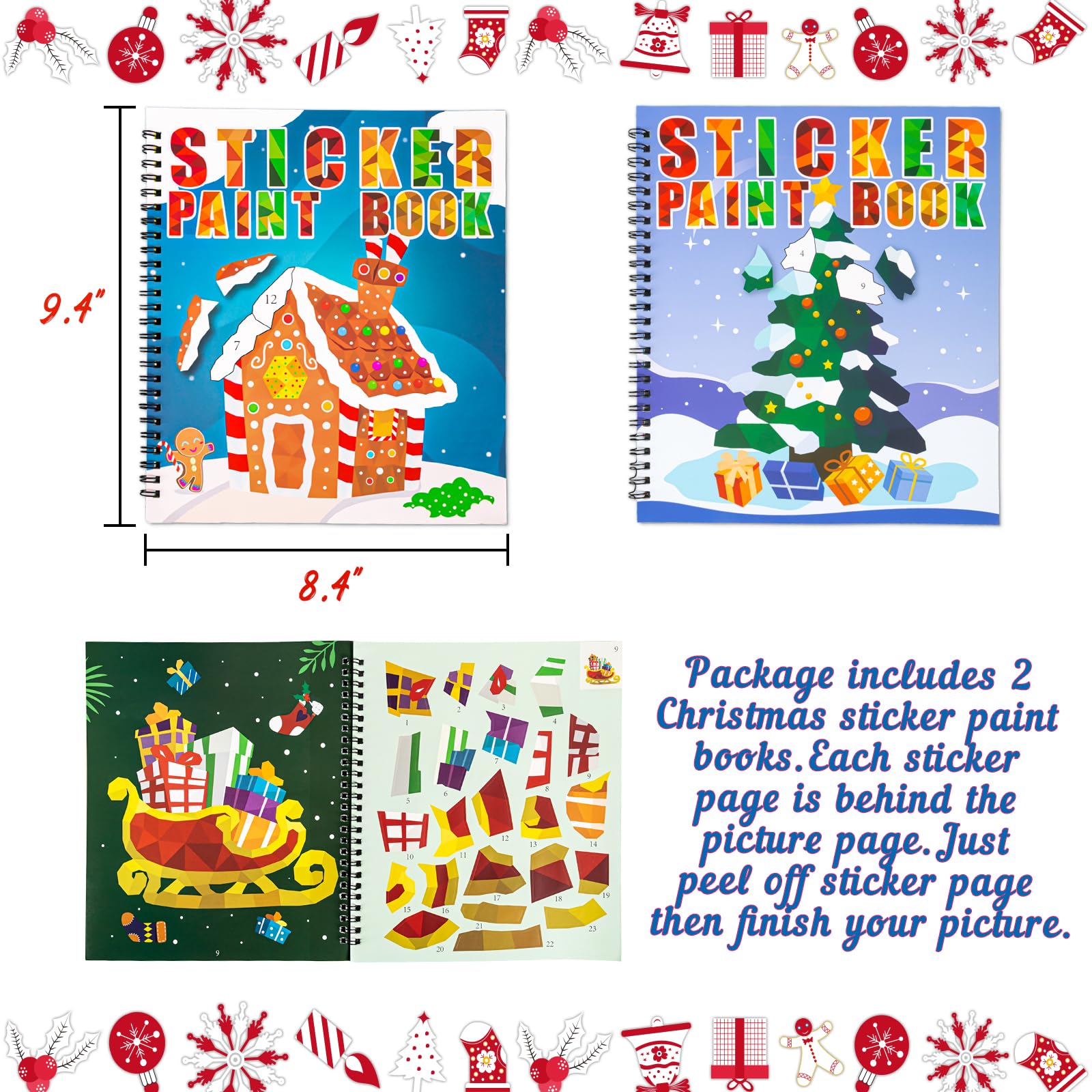 Christmas Sticker Paint Books for Kids Ages 4-8 – 2 Books with 22 Festive Designs (Santa, Snowman, Elf, Gnome)