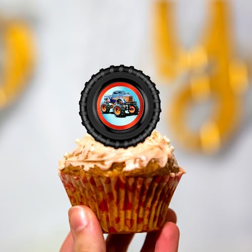 Chuangdi 48-Pack Monster Truck Cupcake Toppers – 4 Styles, Tire-Shaped Rings for Birthday Party Decor