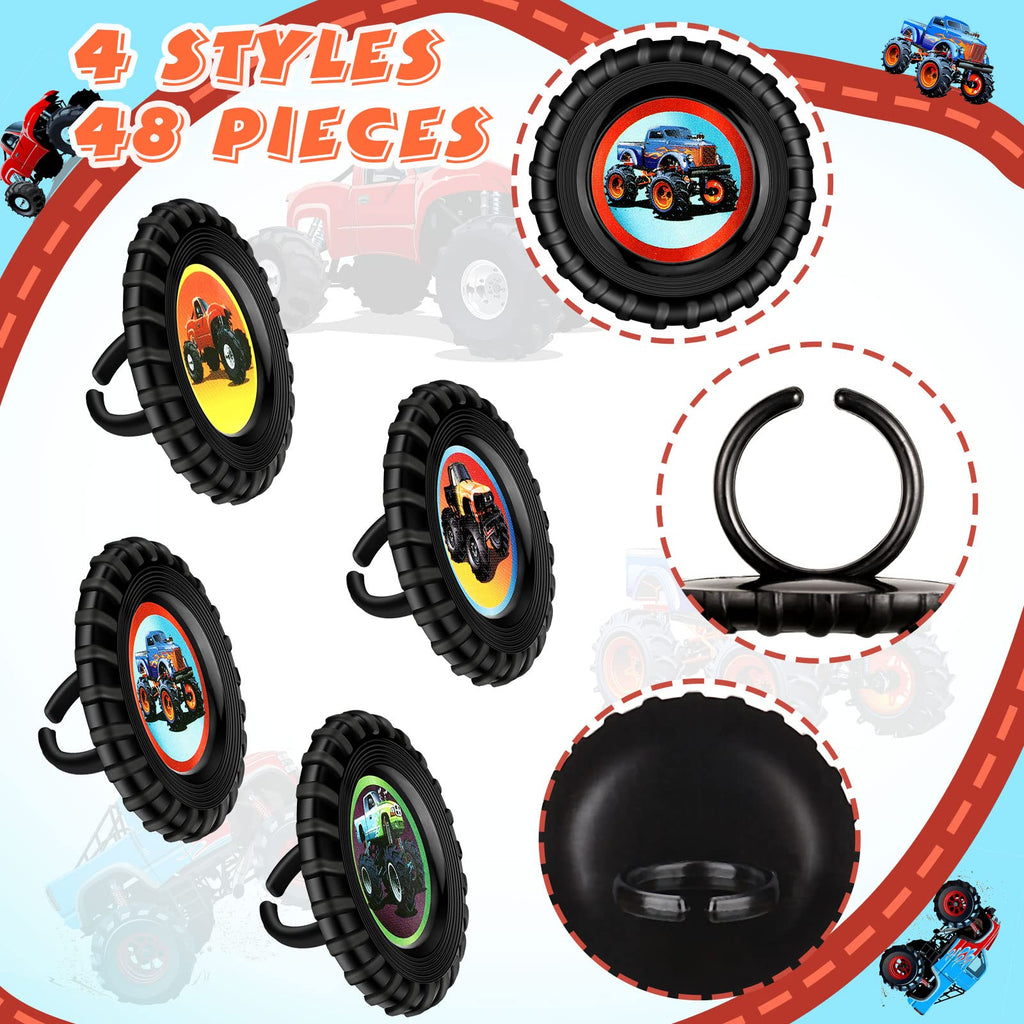 Chuangdi 48-Pack Monster Truck Cupcake Toppers – 4 Styles, Tire-Shaped Rings for Birthday Party Decor