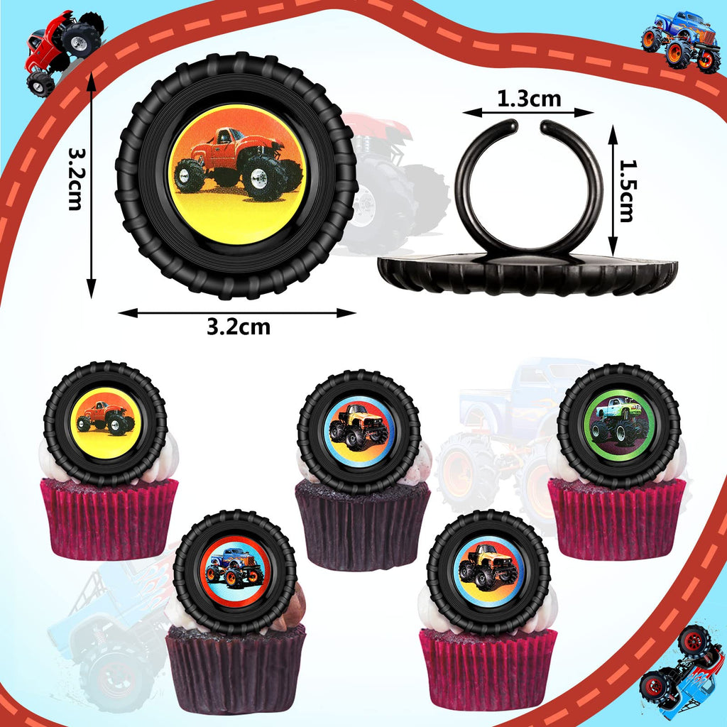 Chuangdi 48-Pack Monster Truck Cupcake Toppers – 4 Styles, Tire-Shaped Rings for Birthday Party Decor