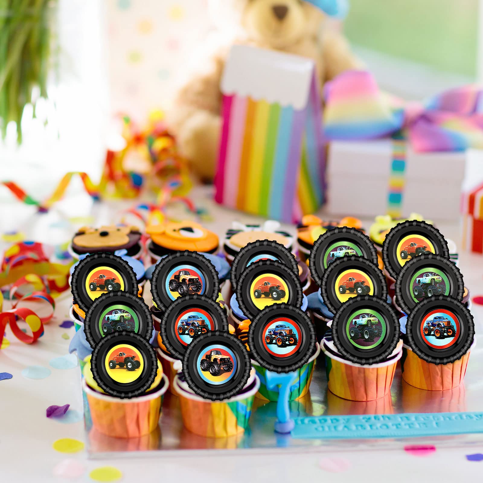 Chuangdi 48-Pack Monster Truck Cupcake Toppers – 4 Styles, Tire-Shaped Rings for Birthday Party Decor