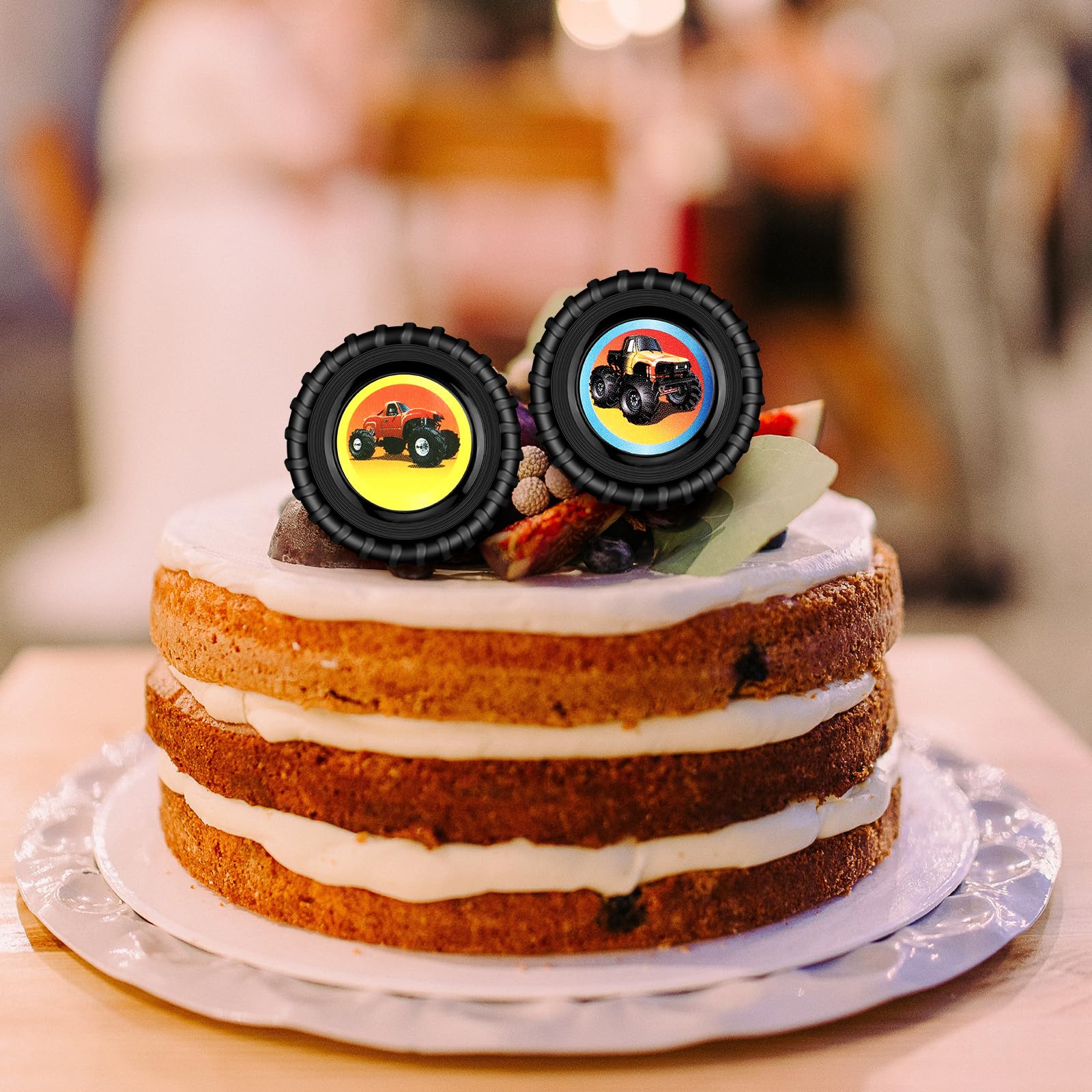Chuangdi 48-Pack Monster Truck Cupcake Toppers – 4 Styles, Tire-Shaped Rings for Birthday Party Decor