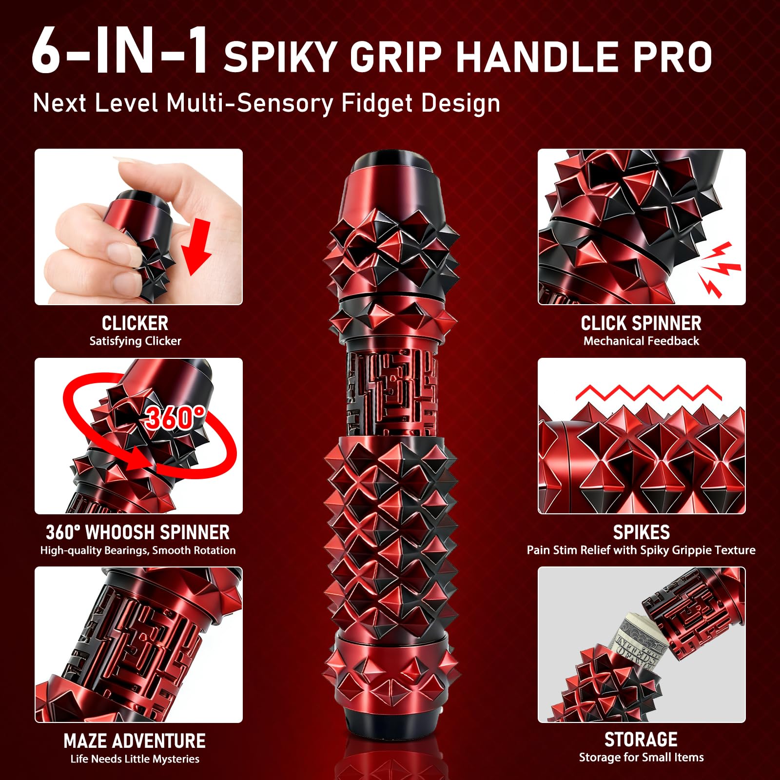 CHUAWANLY 6-in-1 Pain Fidget Toy for Adults – Spiky Clicker, Spinner, Maze, on Keychain