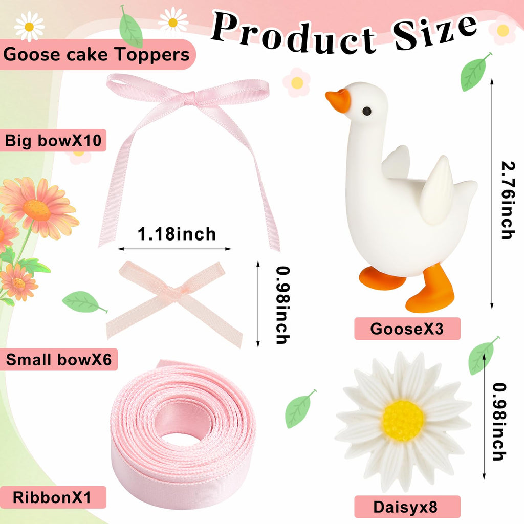Chunful 28-Piece Silly Goose Birthday Cake Topper Set with Pink Bows and Daisies