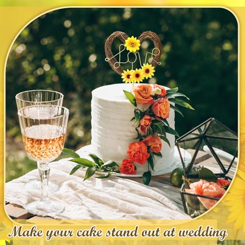 Chunful Sunflower Wedding Cake Topper - Rustic Heart Shaped Floral Vine Decoration with LOVE Sign for Weddings, Bridal Showers, Engagements
