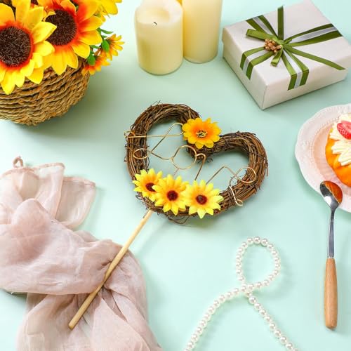 Chunful Sunflower Wedding Cake Topper - Rustic Heart Shaped Floral Vine Decoration with LOVE Sign for Weddings, Bridal Showers, Engagements