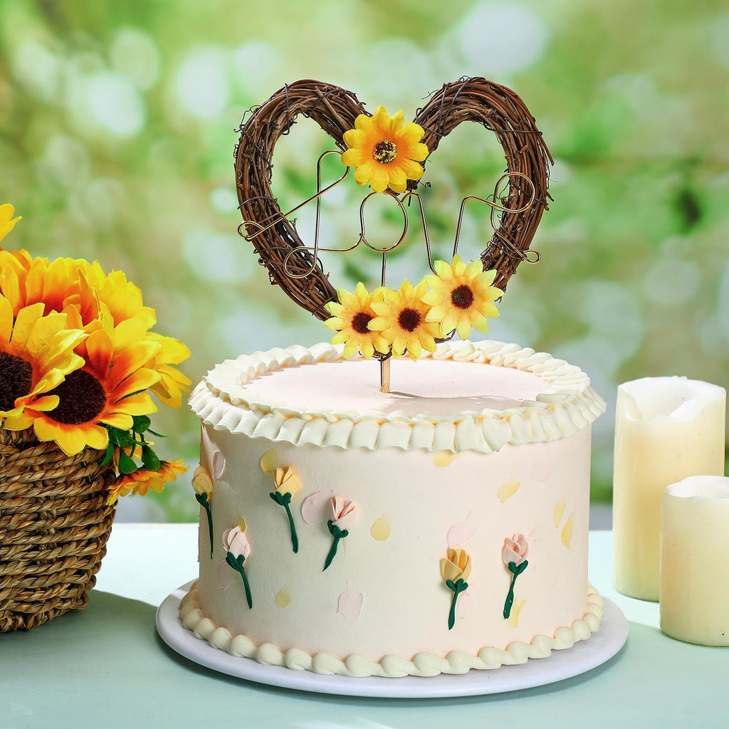 Chunful Sunflower Wedding Cake Topper - Rustic Heart Shaped Floral Vine Decoration with LOVE Sign for Weddings, Bridal Showers, Engagements