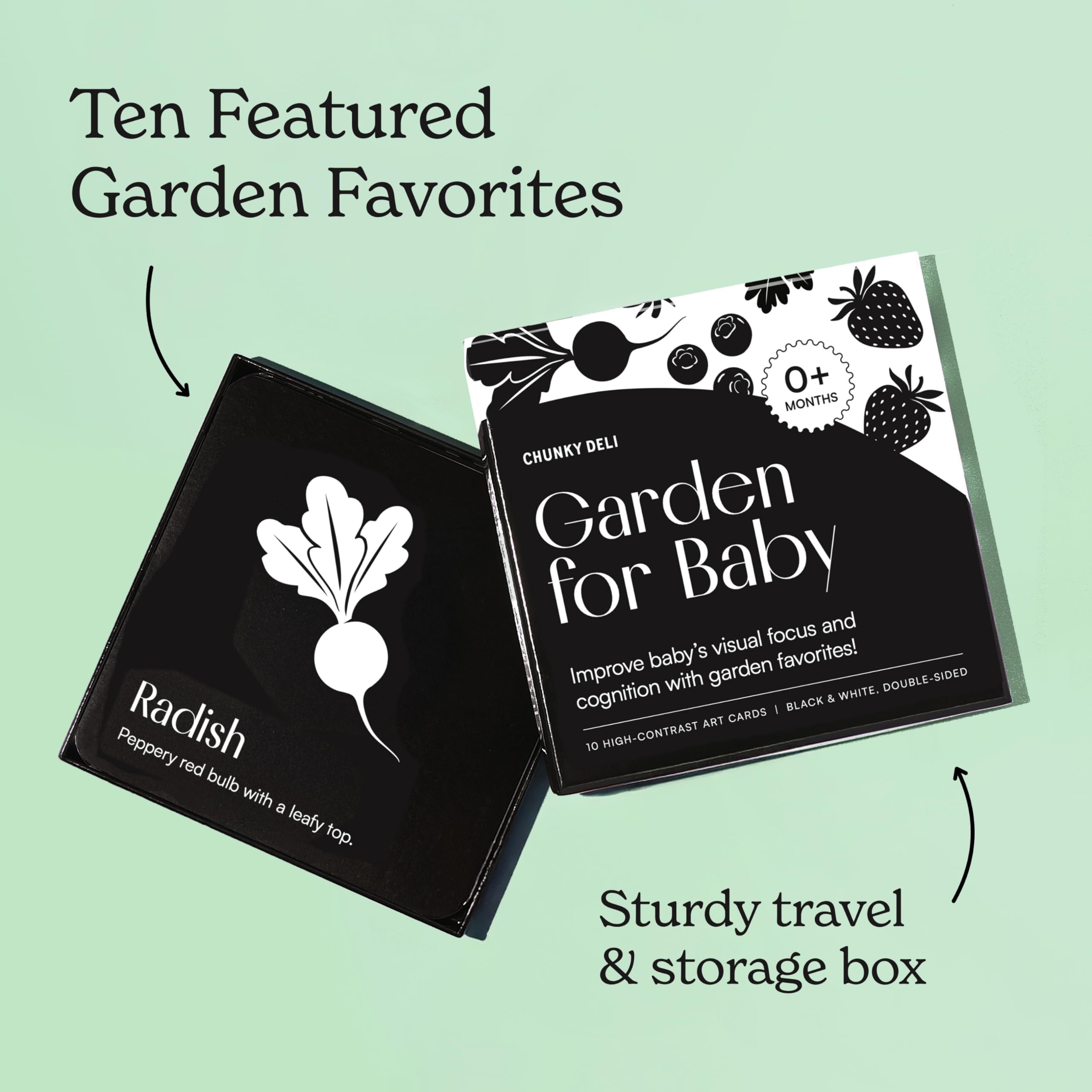 Chunky Deli Garden for Baby High Contrast Cards – 10 Laminated Black & White Sensory Cards for Newborn Vision and Tummy Time