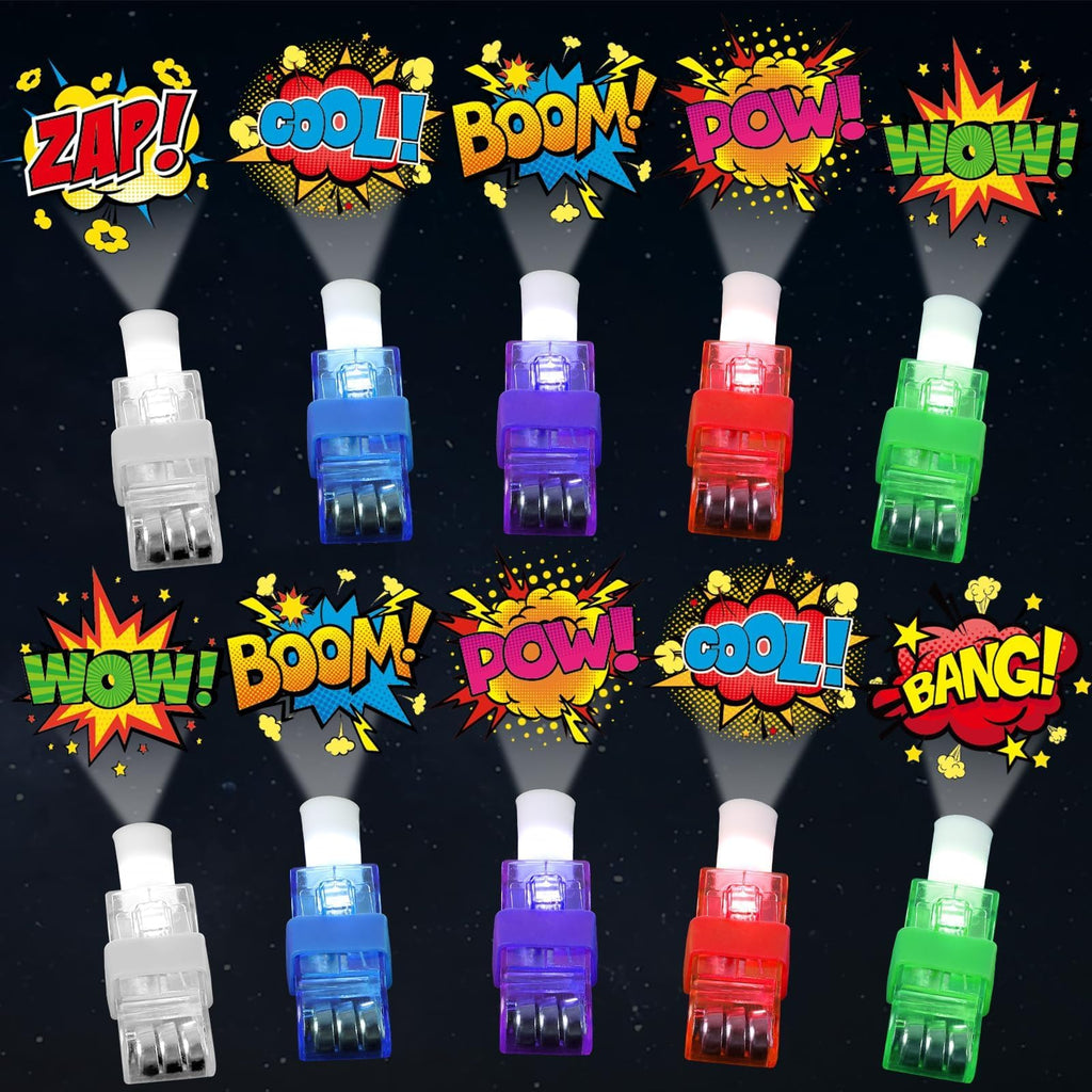 CHUNNIN 36 Pack Superhero Themed LED Finger Lights with 6 Comic Patterns for Party Favors
