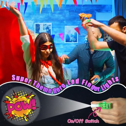 CHUNNIN 36 Pack Superhero Themed LED Finger Lights with 6 Comic Patterns for Party Favors