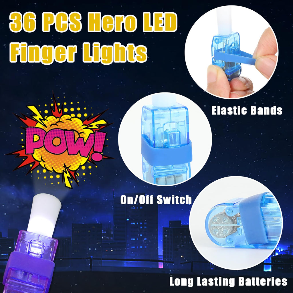 CHUNNIN 36 Pack Superhero Themed LED Finger Lights with 6 Comic Patterns for Party Favors
