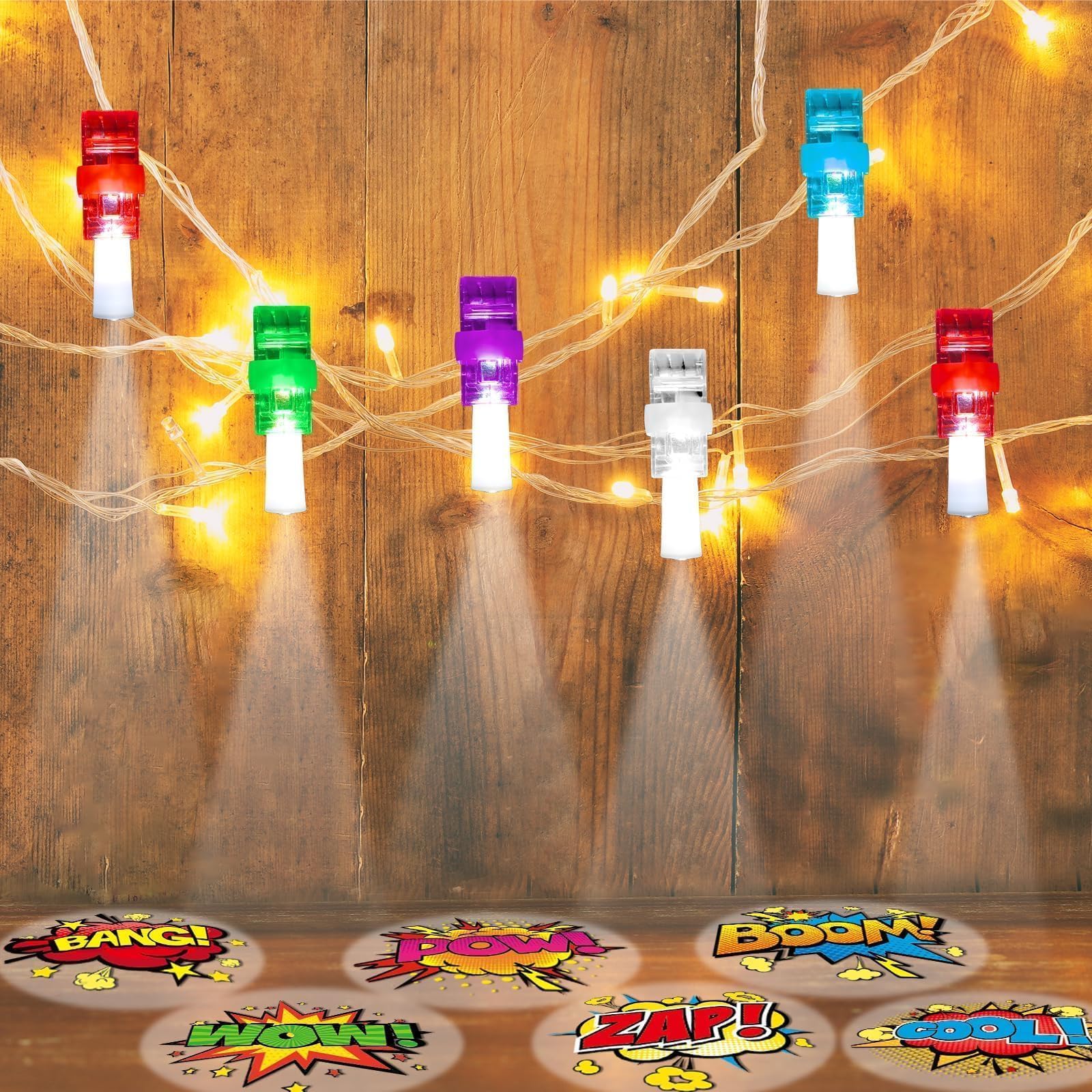 CHUNNIN 36 Pack Superhero Themed LED Finger Lights with 6 Comic Patterns for Party Favors