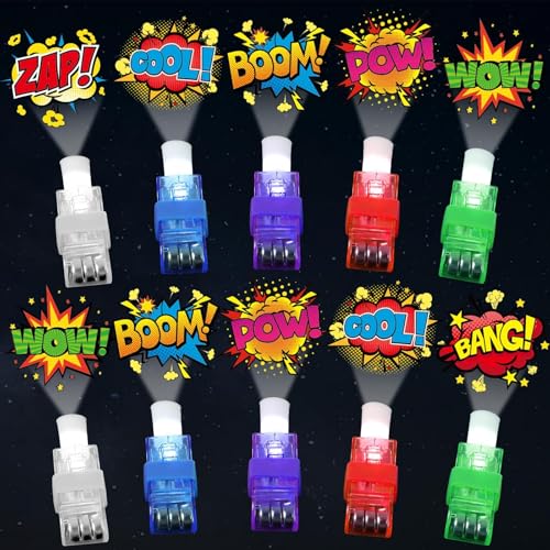CHUNNIN 36 Pack Superhero Themed LED Finger Lights with 6 Comic Patterns for Party Favors