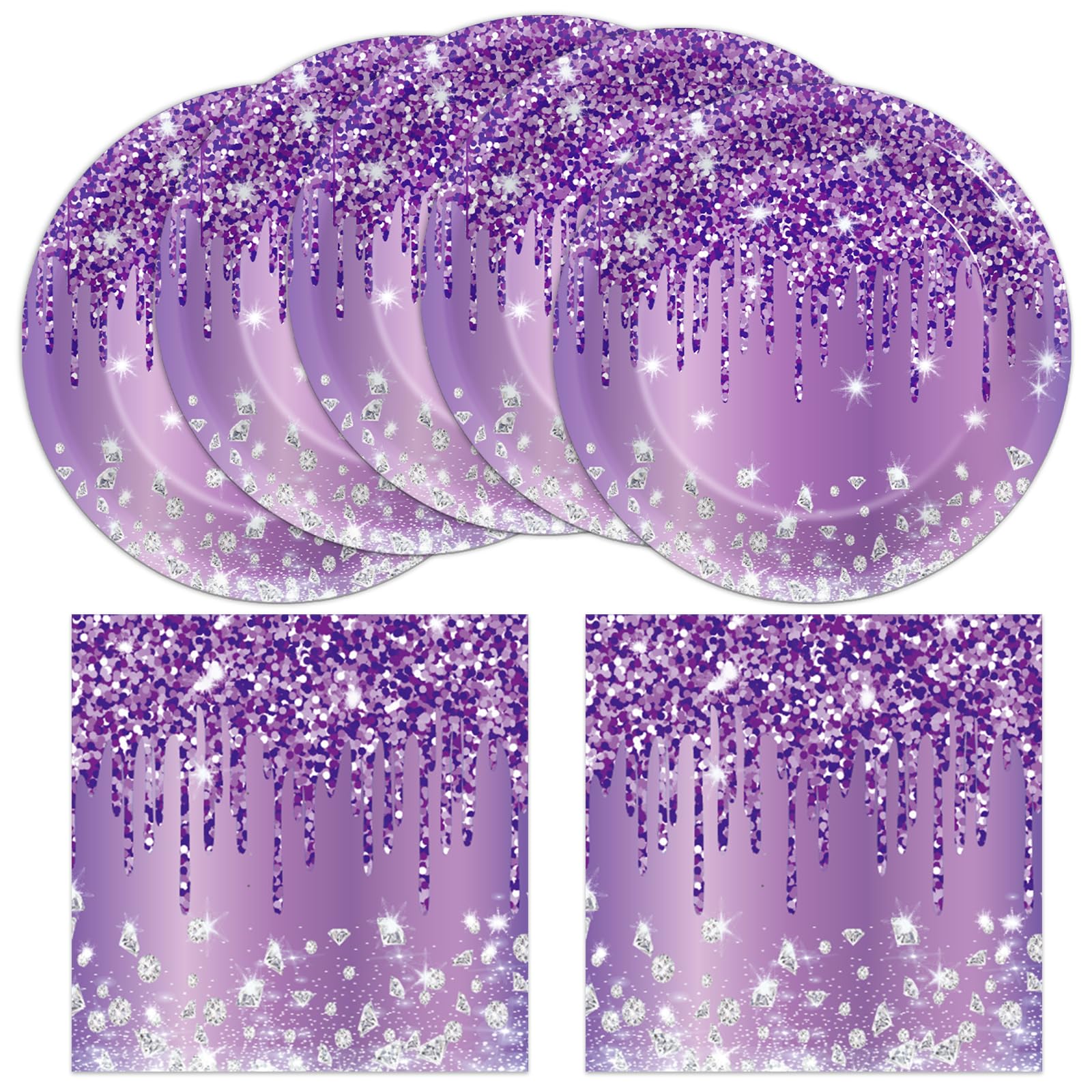 CHUNNIN 50-Piece Purple and Silver Birthday Plates and Napkins Set for 25 Guests