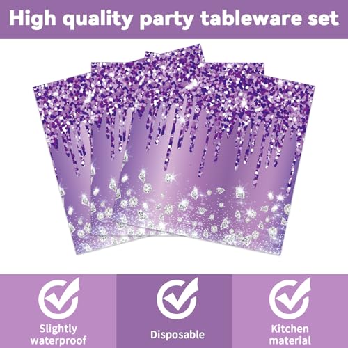 CHUNNIN 50-Piece Purple and Silver Birthday Plates and Napkins Set for 25 Guests